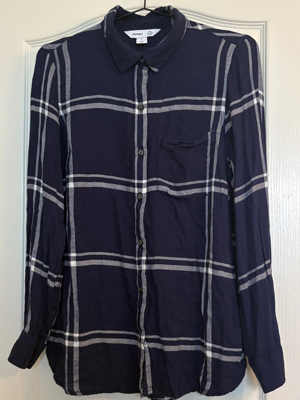 Old Navy The Classic Shirt Navy Blue Plaid Rayon Viscose Size M
